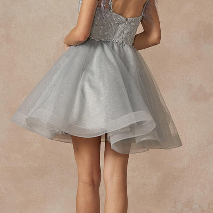Juliet 881 Feather Straps Sheer Bodice Short A-line Tulle Dress