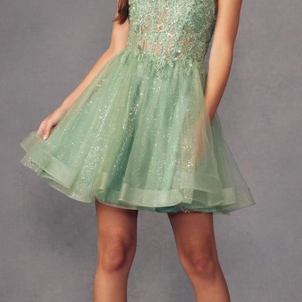 Juliet 883 Short A-Line Glitter Tulle Skirt Square Neck Thin Strap Dress