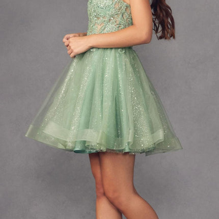 Juliet 883 Short A-Line Glitter Tulle Skirt Square Neck Thin Strap Dress