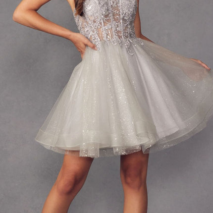 Juliet 883 Short A-Line Glitter Tulle Skirt Square Neck Thin Strap Dress