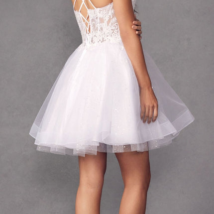 Juliet 883 Short A-Line Glitter Tulle Skirt Square Neck Thin Strap Dress