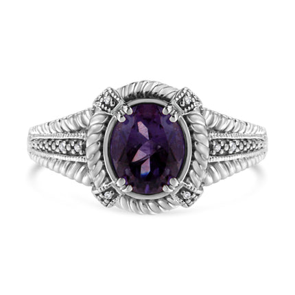 .925 Sterling Silver Prong Set Natural Oval Shape 9X7 MM Purple Amethyst Solitaire and Diamond Accent Ring (I-J Color, I1-I2 Clarity) - Ring Size 7