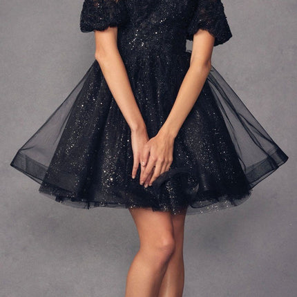 Juliet 886 Short Removable Off Shoulder Puff Sleeves A-Line Tulle Dress