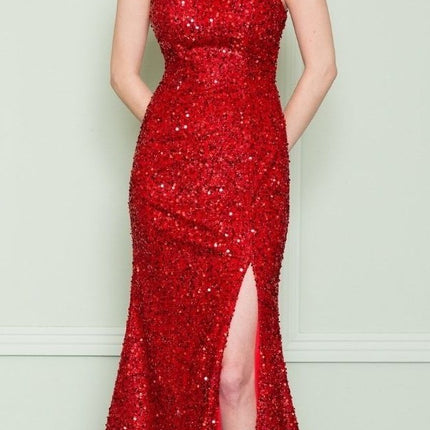 CLEARANCE - Poly USA | Ed Young 8872 V-Neck Floor Length Open Slit Sequin Dress (Size S)