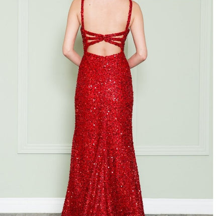 CLEARANCE - Poly USA | Ed Young 8872 V-Neck Floor Length Open Slit Sequin Dress (Size S)