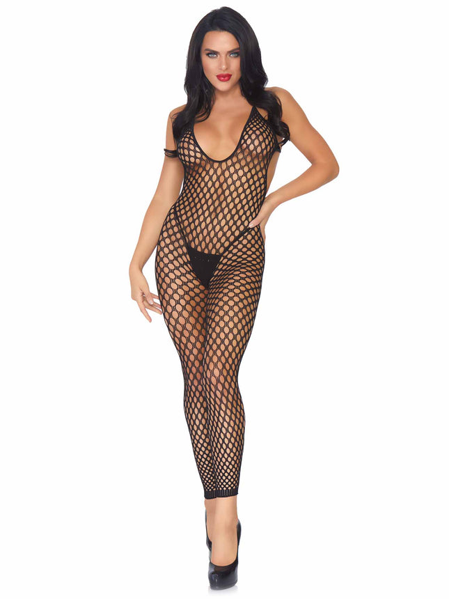 Halter Crochet Net Footless Lingerie Jumpsuit - Black - O/S