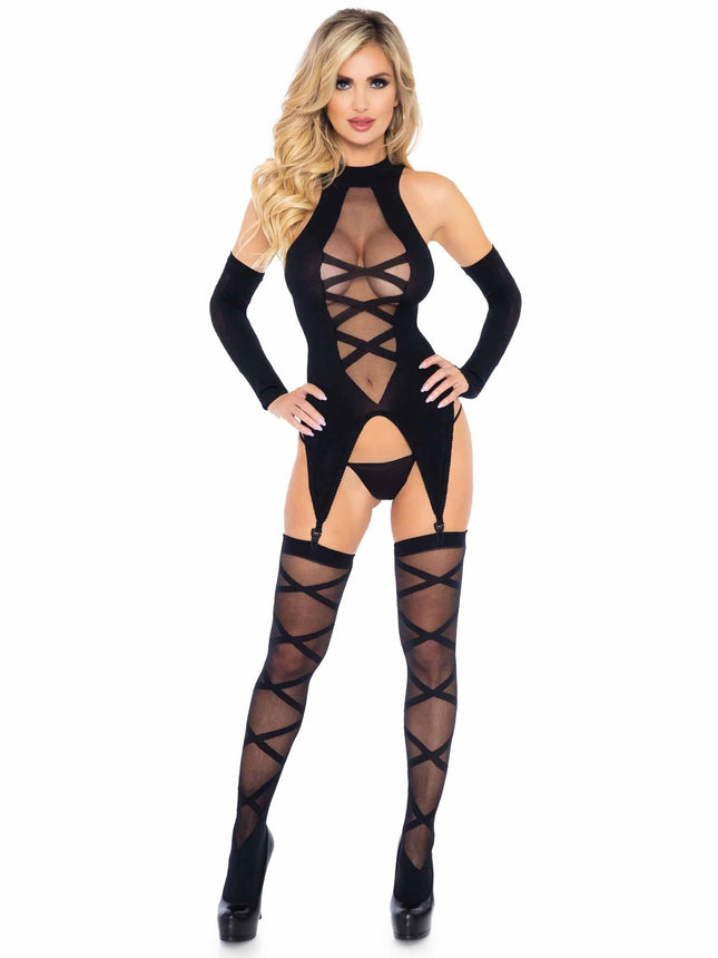 3 PC Opaque and Sheer Faux Lace-Up Cami-Garter, Stockings, and Fingerless Gloves - Black - O/S