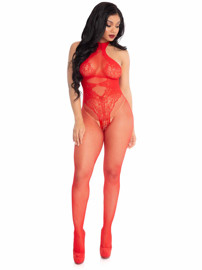 Fishnet Seamless Halter Lingerie Jumpsuit with Floral Lace Hourglass Detail - Red - O/S