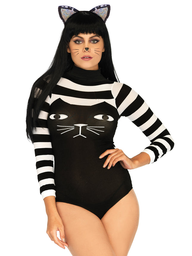 Nylon Spandex Striped Cat Bodysuit with Snap Crotch - Blk/White - O/S