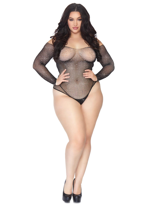 Plus Size Rhinestone Long Sleeve Snap Crotch Fishnet Bodysuit - Black - 1X-2X