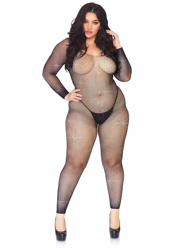 Plus Size Rhinestone Seamless Fishnet Long Sleeved Lingerie Jumpsuit - Black - 1X-2X