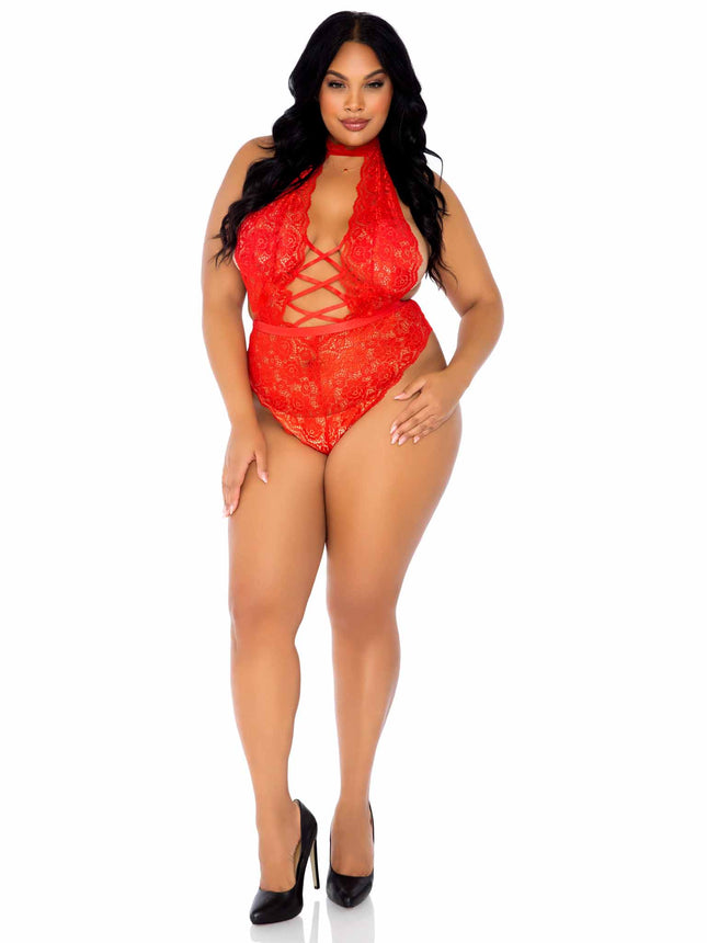 Plus Size Floral Lace Backless Halter Teddy with Faux Lace Up Detail and Crotchless Thong Panty - Red - 1X-2X