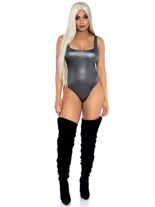 Shimmer Spandex Snap Crotch Thong Bodysuit - Silver - MED/LGE