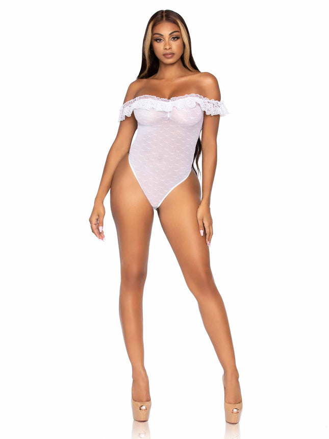 Lace Ruffle Off-Shoulder Snap Crotch Teddy with Woven Point D'esprit Detail - White - O/S