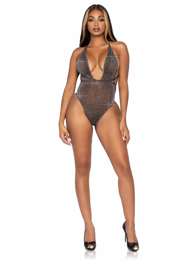 Shimmer Sheer Rhinestone Thong Back Teddy with Convertible Wrap-Around Straps - Blk/Silver - O/S