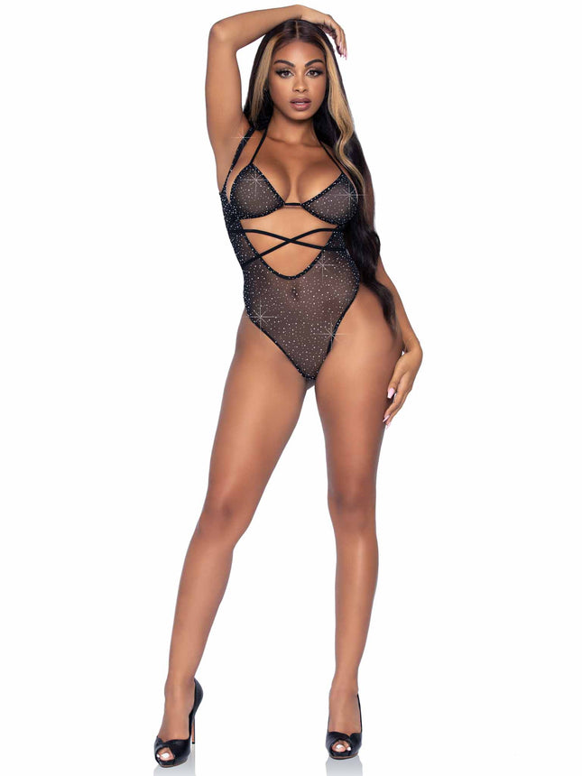 2 PC Rhinestone Mesh Wrap Around Bikini Top and Suspender Bodysuit - Black - O/S