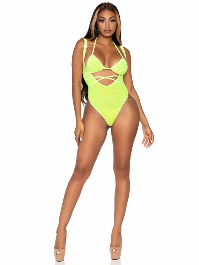2 PC Rhinestone Mesh Wrap Around Bikini Top and Suspender Bodysuit - Neon Yello - O/S
