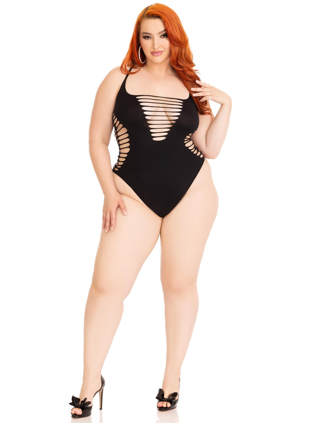 Plus Size Seamless Shredded Racer Back Thong Bodysuit - Black - 1X-2X