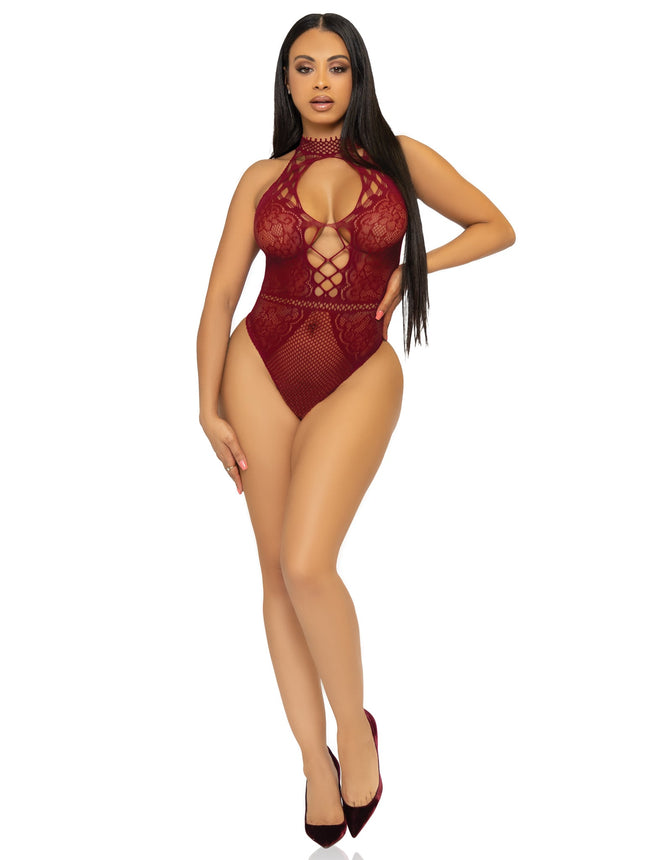 Net and Lace Keyhole Halter Bodysuit - Burgundy - O/S