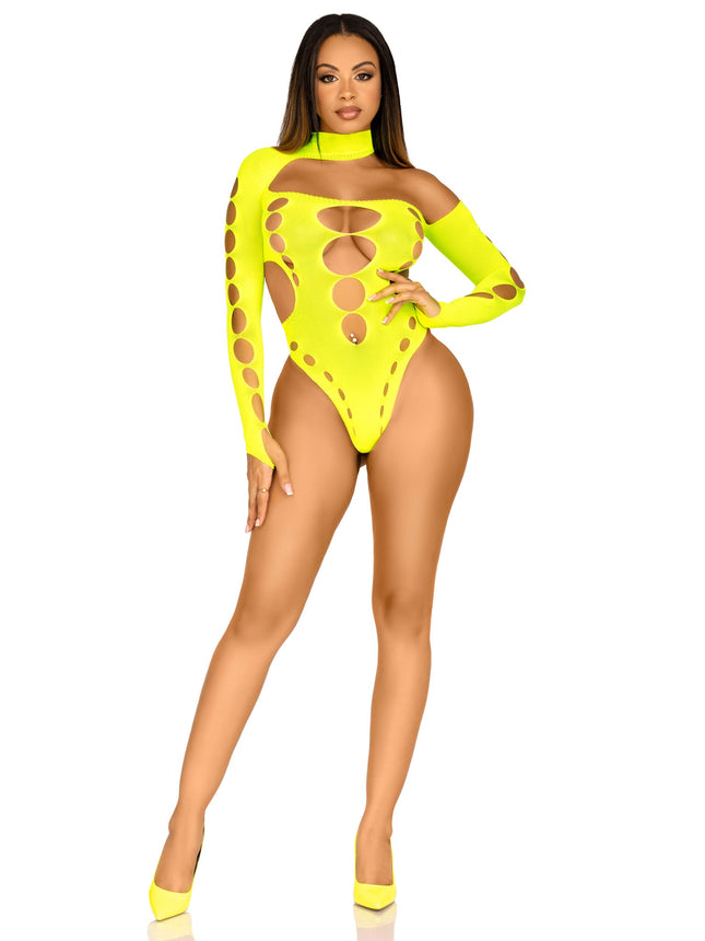 Seamless Asymmetrical Cut Out Thong Bodysuit - Neon Yello - O/S