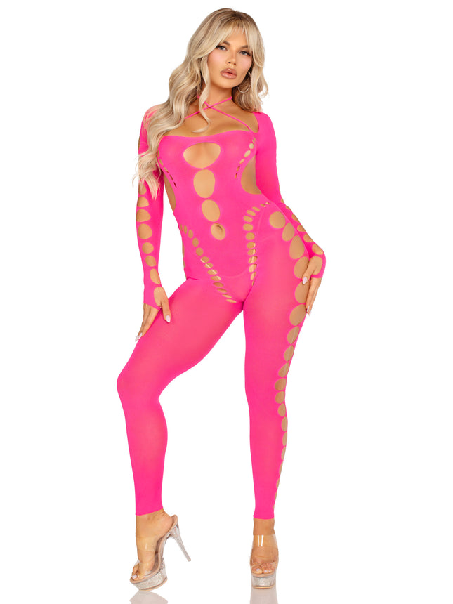 Seamless opaque cut-out footless bodystocking. - Neon Pink - O/S