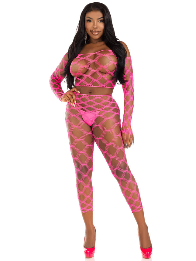 2 PC Hardcore Net Crop Top and Footless Tights - Neon Pink - O/S