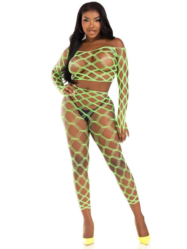 2 PC Hardcore Net Crop Top and Footless Tights - Neon Green - O/S