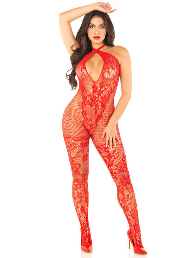 Seamless Net and Lace Lingerie Jumpsuit with Keyhole Crossover Halter - Red - O/S