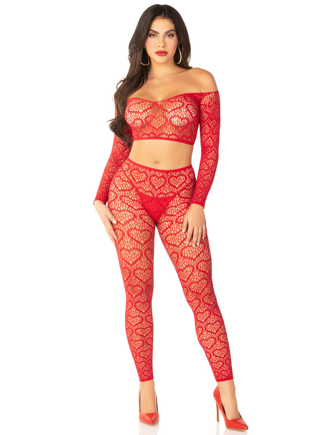 2 PC Heart Net Off-the-Shoulder Crop Top and Footless Tights - Red - O/S