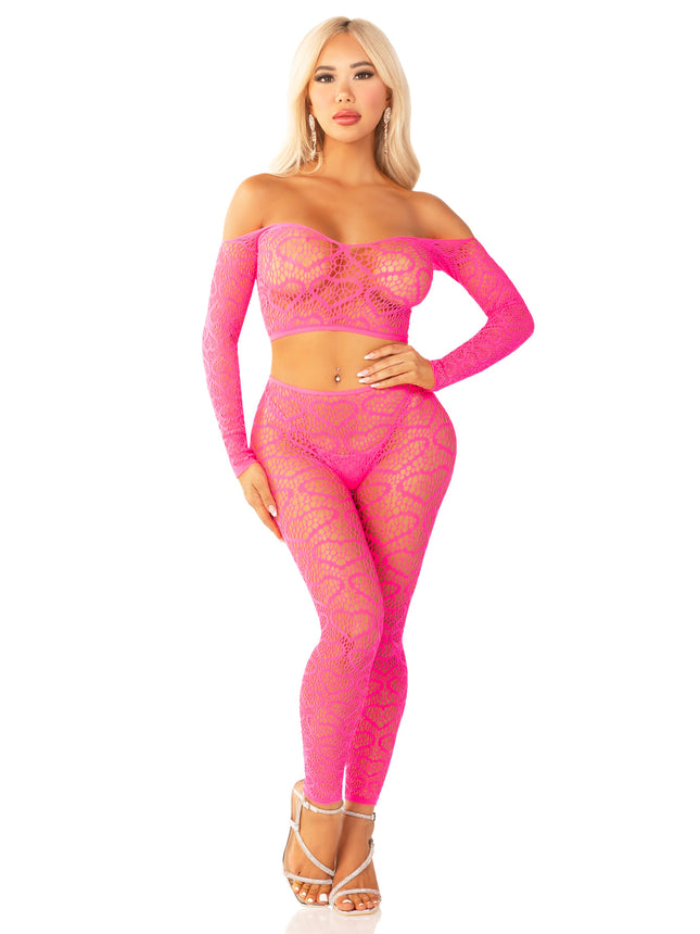 2 PC Heart Net Off-the-Shoulder Crop Top and Footless Tights - Neon Pink - O/S