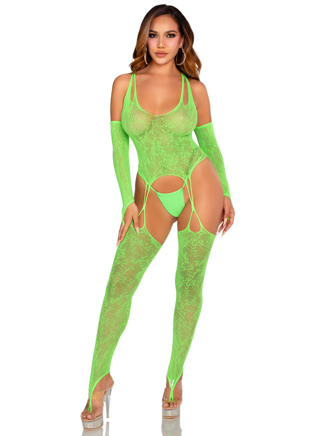 2 PC Lace Halter Footless Cami Garter with Attached Toe Loop Stockings and Arm Warmers - Neon Green - O/S