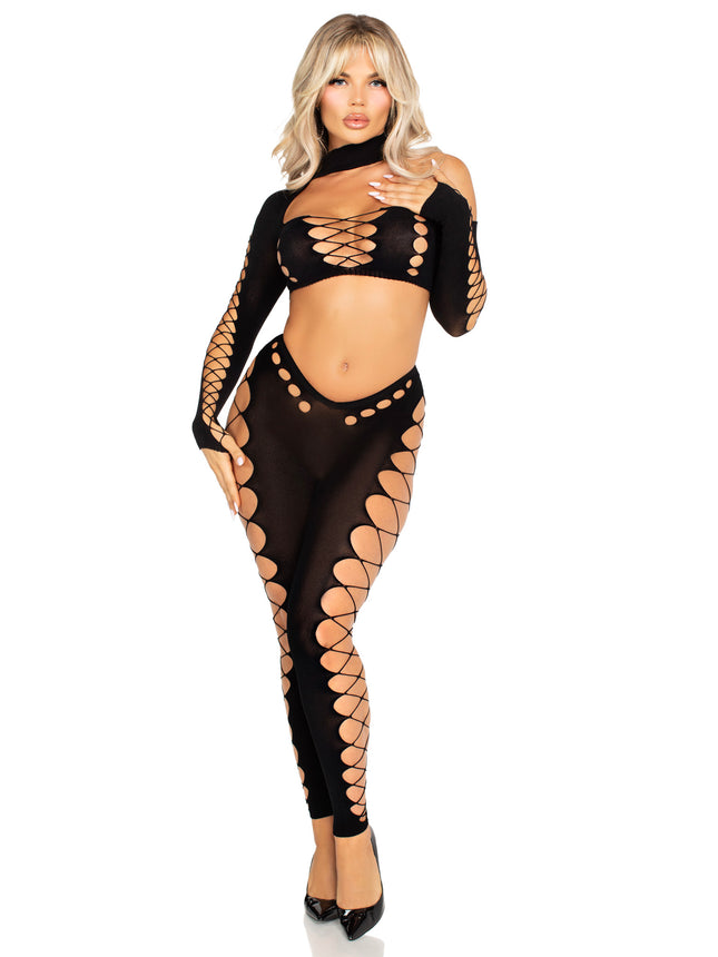2 PC Seamless Asymmetrical Cut-Out Crop Top and Footless Tights - Black - O/S