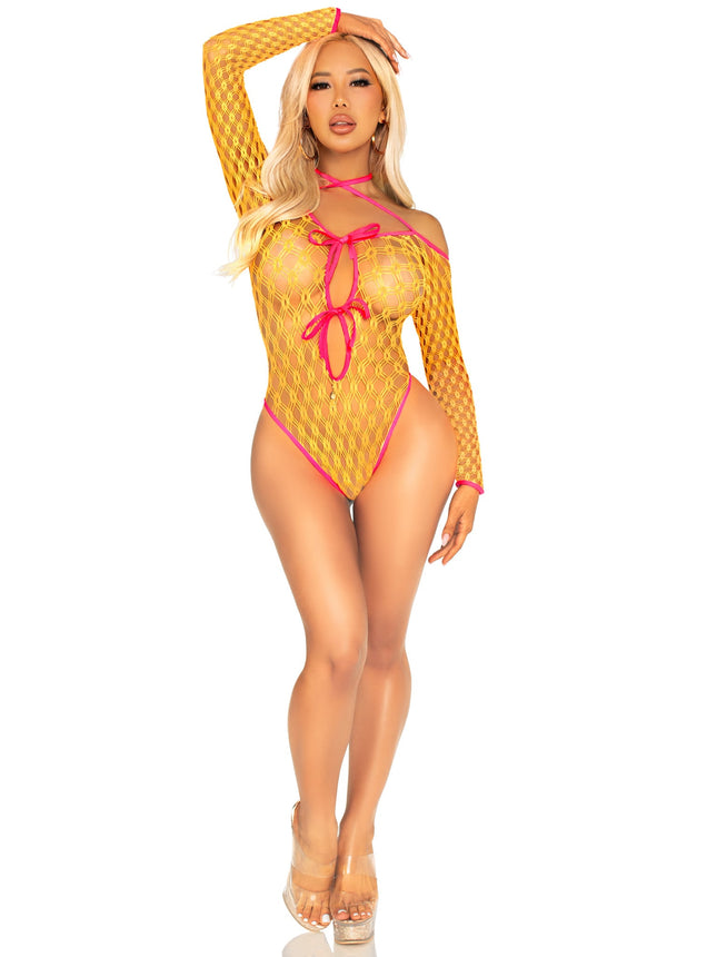 Eyelet Net Teddy with Tie-Front Keyhole Detail - Neon Orang - O/S