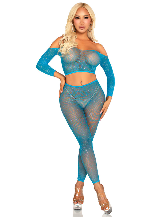 Rhinestone Fishnet Crop Top and Footless Tights - Neon Blue - O/S