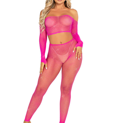 Rhinestone Fishnet Crop Top and Footless Tights - Neon Pink - O/S