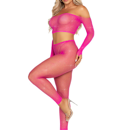 Rhinestone Fishnet Crop Top and Footless Tights - Neon Pink - O/S