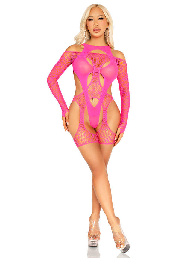 2 PC Off-the-Shoulder Fishnet Garter Harness and Layered Opaque Cut-Out Teddy - Neon Pink - O/S