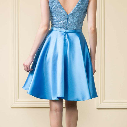 CLEARANCE - Poly USA | Ed Young 8954 Short A-Line Sequin Bodice Dress with Pockets (Size M)