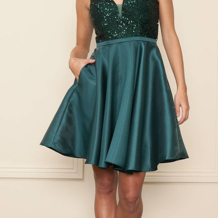 CLEARANCE - Poly USA | Ed Young 8954 Short A-Line Sequin Bodice Dress with Pockets (Size M)