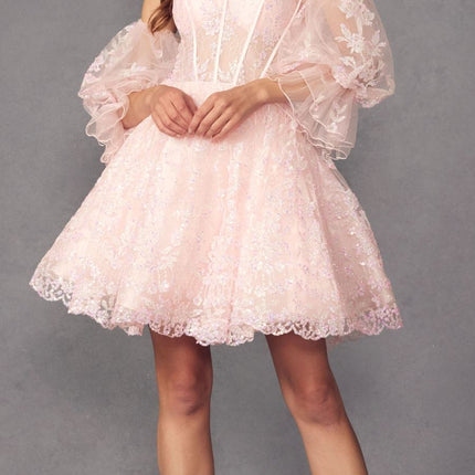 Juliet 895 Short A-Line Glitter Boned Dress Detachable Puff Sleeves
