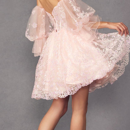 Juliet 895 Short A-Line Glitter Boned Dress Detachable Puff Sleeves