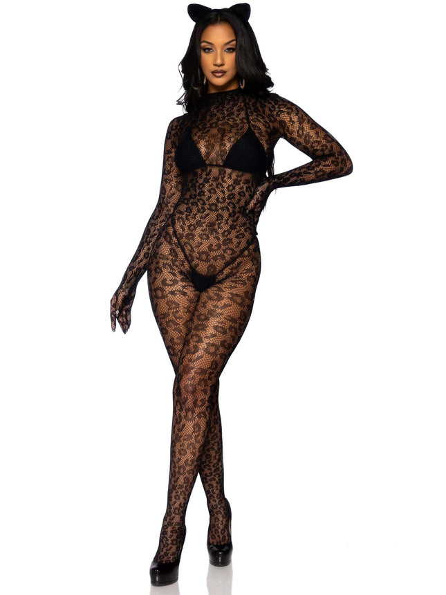 Seamless Leopard Net Gloved Catsuit - Black - O/S