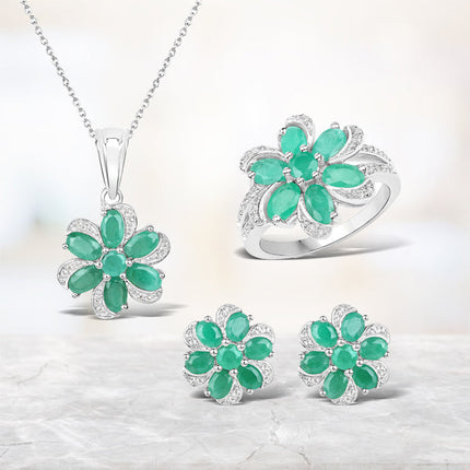 7.84 Carat Genuine Emerald and White Topaz .925 Sterling Silver 3 Piece Jewelry Set (Ring, Earrings, and Pendant w/ Chain)