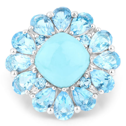 9.50 Carat Genuine Turquoise and Swiss Blue Topaz .925 Sterling Silver Ring