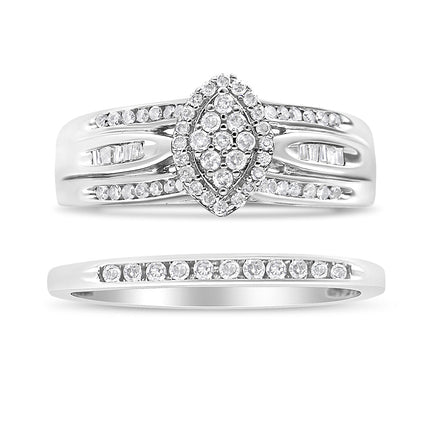 .925 Sterling Silver 1/2 Cttw Round and Baguette-Cut Diamond Engagement Bridal Set (I-J Color, I1-I2 Clarity) - Size 7