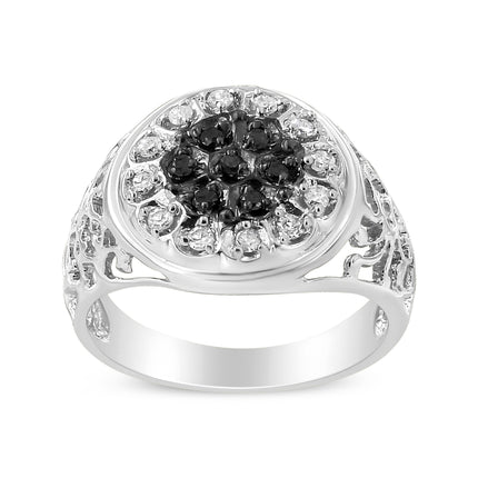.925 Sterling Silver 1/4 Cttw White and Black Treated Diamond Halo Cluster Ring for Men (I-J Color, I3 Clarity) - Size 10