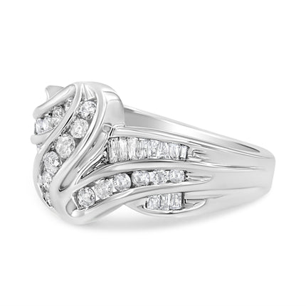 10K White Gold Ring 3/4 Cttw Round and Baguette-Cut Diamond Bypass Ring (H-I Color, I2-I3 Clarity) - Size 6