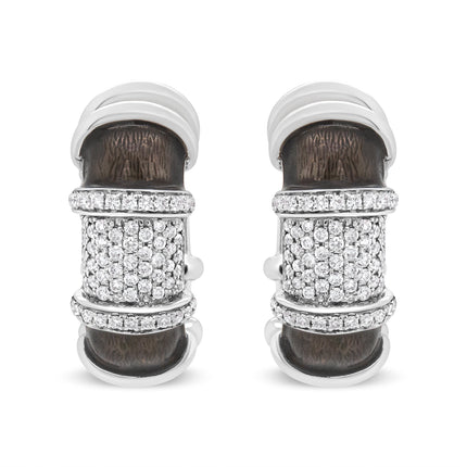18K White Gold Flash Plated .925 Sterling Silver Clear Graphite Grey Enamel 5/8 Cttw Round Diamonds Huggie Hoop Earrings (F-G Color, VS1-VS2 Clarity)
