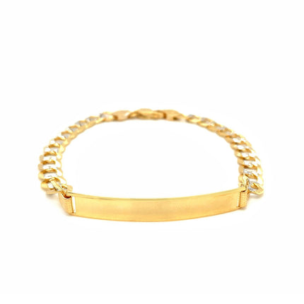 14k Two Tone Gold 8 1/2 inch Mens Narrow Curb Chain ID Bracelet with White Pave