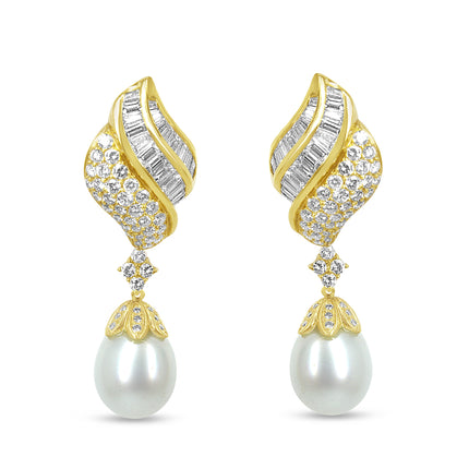 18k Yellow Gold 7.0 Cttw Baguette and Round Diamond South Sea Pearl Drop Dangle Clip-On Earrings (F-G Color, VS1-VS2 Clarity)